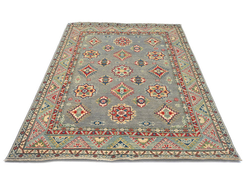 4x6 Gray Kuba Afghan Hand Knotted Wool Area Rug